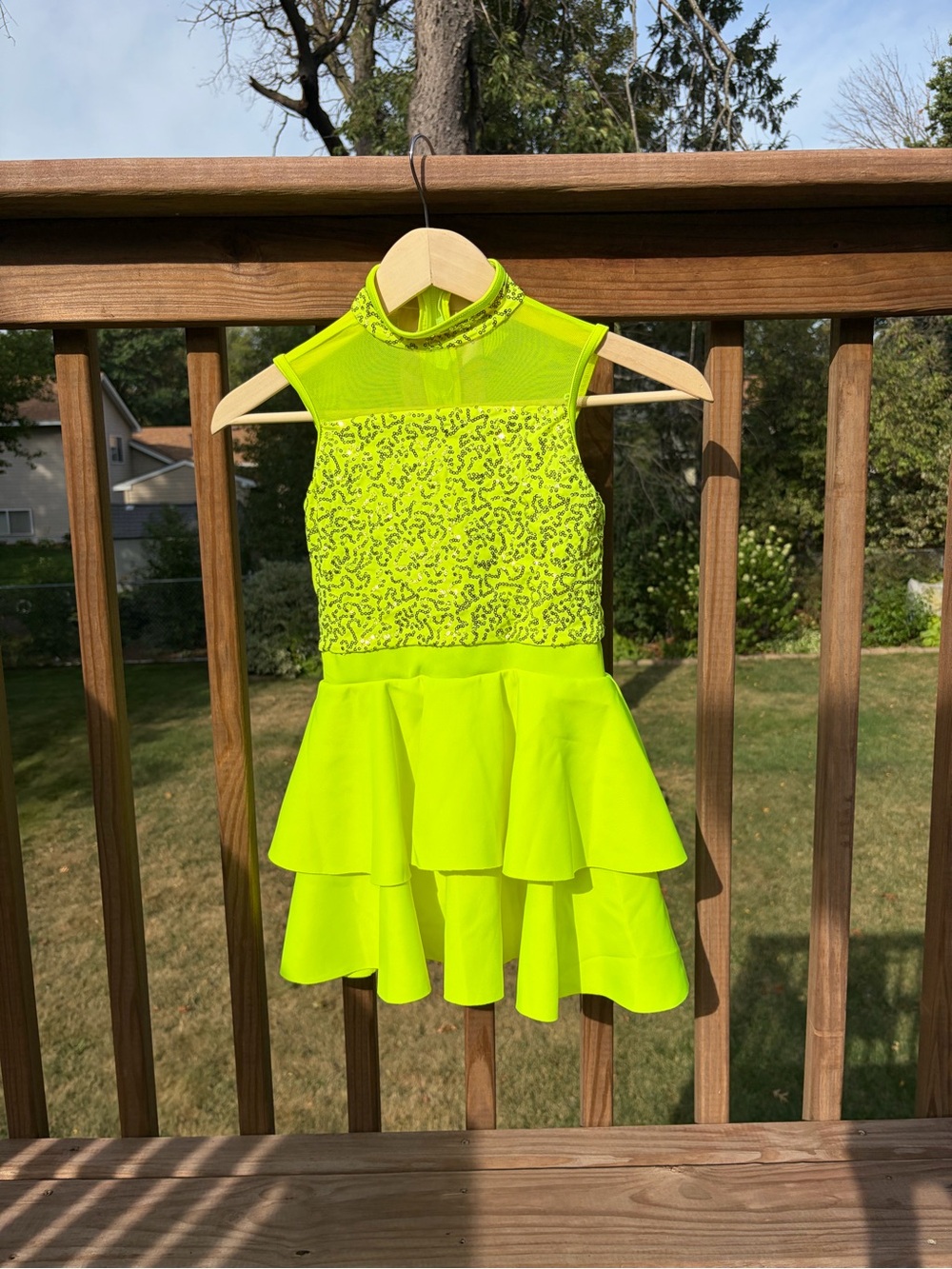 Weissman Neon Yellow Tiered Dance Dress with Sequined Bodice